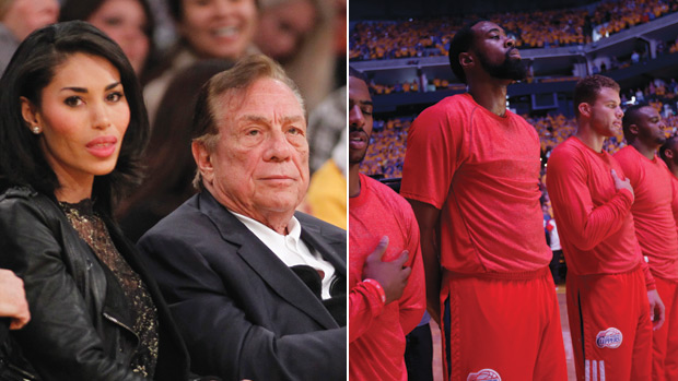 NO WAY OUT - Sterling (left) accompanied by his lover, Stiviano: after the tape was leaked, the Clippers players protested by wearing their shirts inside out (above) (Danny Moloshok/AP/MARCIO JOSE SANCHEZ/AP)