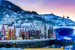 Seafront with ships in winter Bergen. Norway