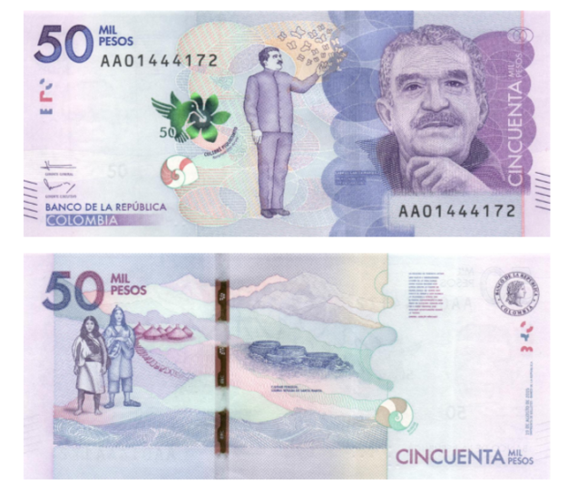 A cédula de 50 mil pesos, que traz o rosto do escritor Gabriel García Marquez, representa a Colômbia no prêmio