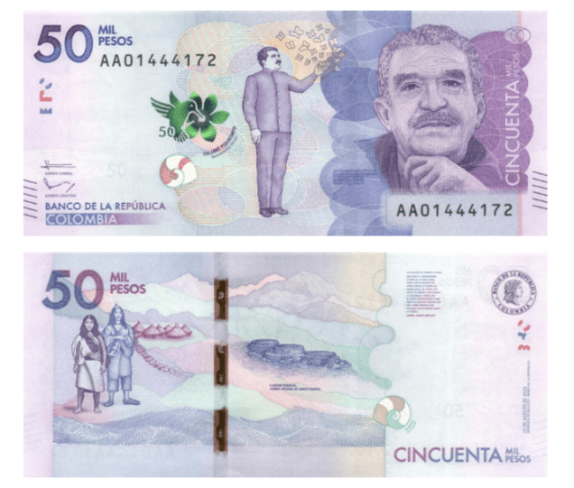 A cédula de 50 mil pesos, que traz o rosto do escritor Gabriel García Marquez, representa a Colômbia no prêmio A cédula de 50 mil pesos, que traz o rosto do escritor Gabriel García Marquez, representa a Colômbia no prêmio