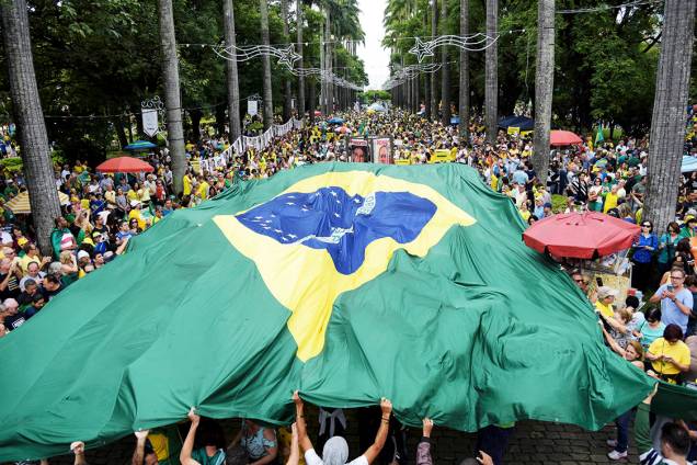Manifestantes seguram bandeira do Brasil durante protesto contra a corrupção na Praça da Liberdade, em Belo Horizolnte