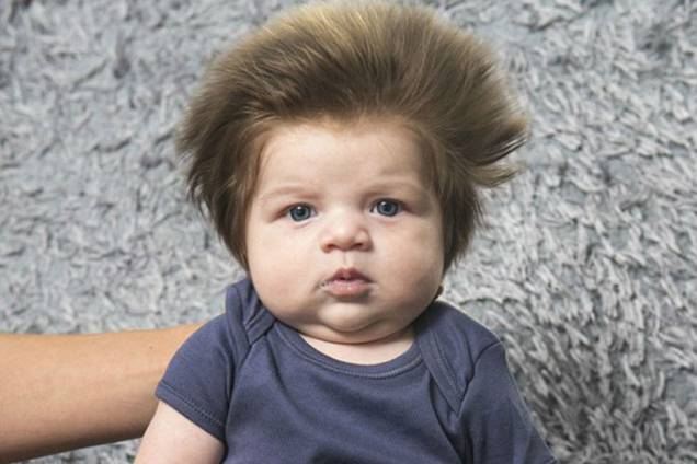 O pequeno Júnior Cox-NoonBebê, fez sucesso na internet ao exibir a vasta cabeleira com apenas 2 meses de idade