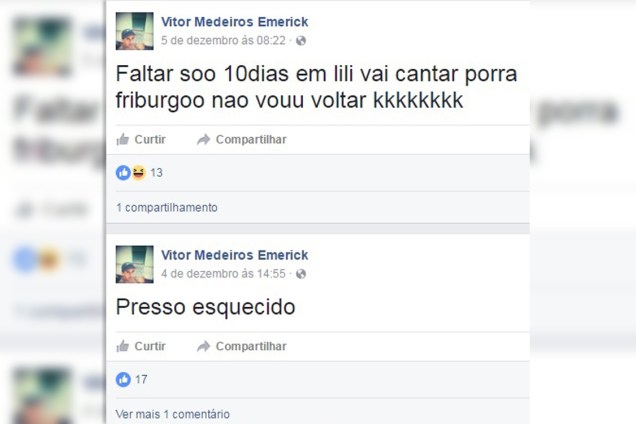 Vitor Medeiros Emerick, preso no presídio Patrícia Acioli, em São Gonçalo (RJ), atualiza seu Facebook de dentro da cela