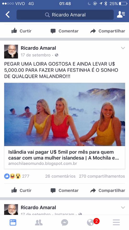Mensagens machistas publicadas no Facebook de Ricardo Amaral, membro do Conselho municipal de Turismo do Rio de Janeiro