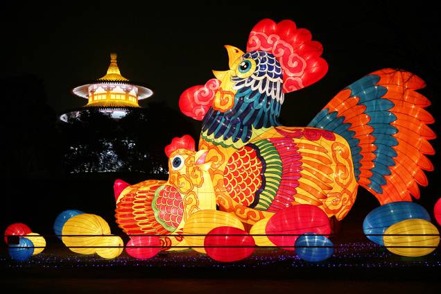 Lanterna em formato de Galo é vista na província de Xi'an Shaanxi, na China Lanterna em formato de Galo é vista na província de Xi'an Shaanxi, na China