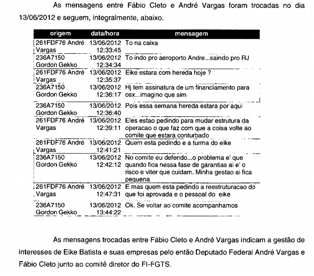 Mensagens trocadas entre André Vargas e Fábio Cleto: suspeita de negociatas em favor de Eike