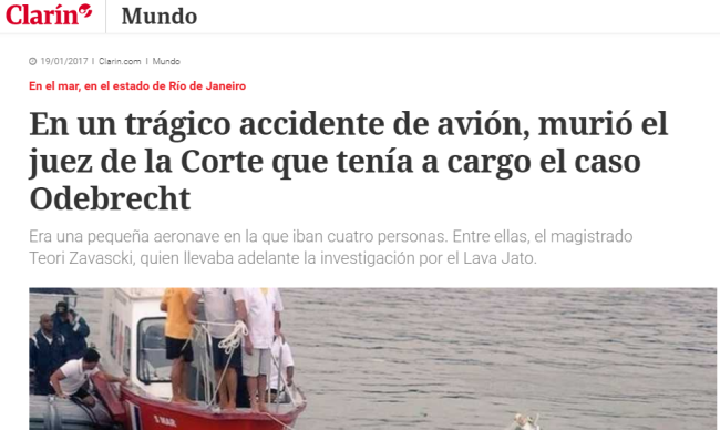 Jornal Clarín noticia morte de Teori Jornal argentino Clarín noticia morte de Teori Zavascki