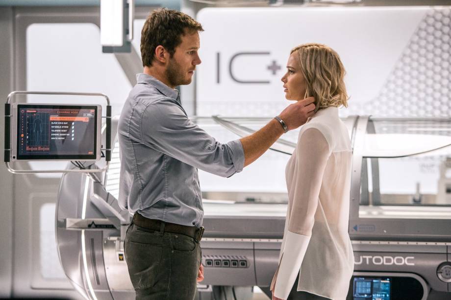 Jim Preston (Chris Pratt) e Aurora (Jennifer Lawrence) no filme 'Passageiros' Jim Preston (Chris Pratt) e Aurora (Jennifer Lawrence) no filme 'Passageiros'