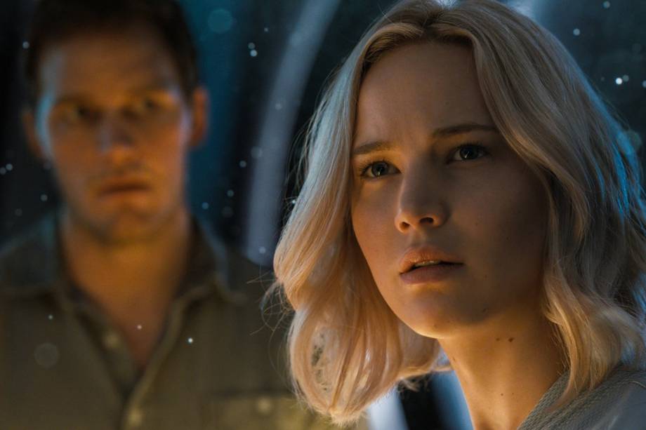 Jim Preston (Chris Pratt) e Aurora (Jennifer Lawrence) no filme Passengers