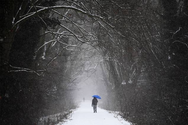 Homem caminha em uma floresta de Estrasburgo, no leste da França, após forte nevasca atingir a região - 10/01/2017