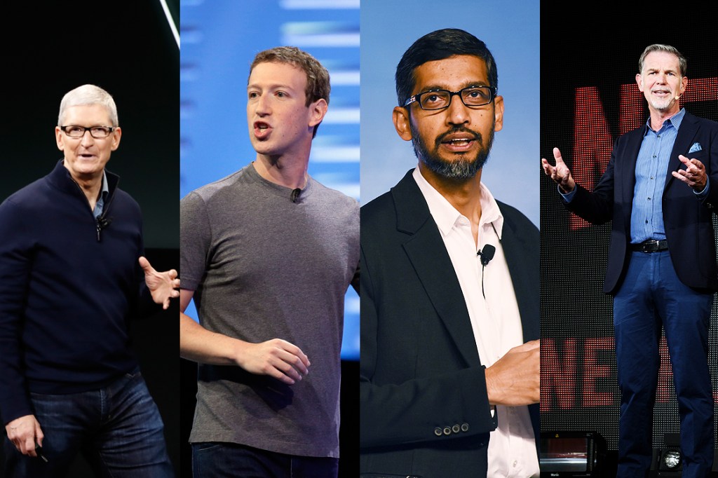 Tim Cook (Apple), Mark Zuckerberg (Facebook), Sundar Pichai (Google) e Reed Hastings (Netflix)