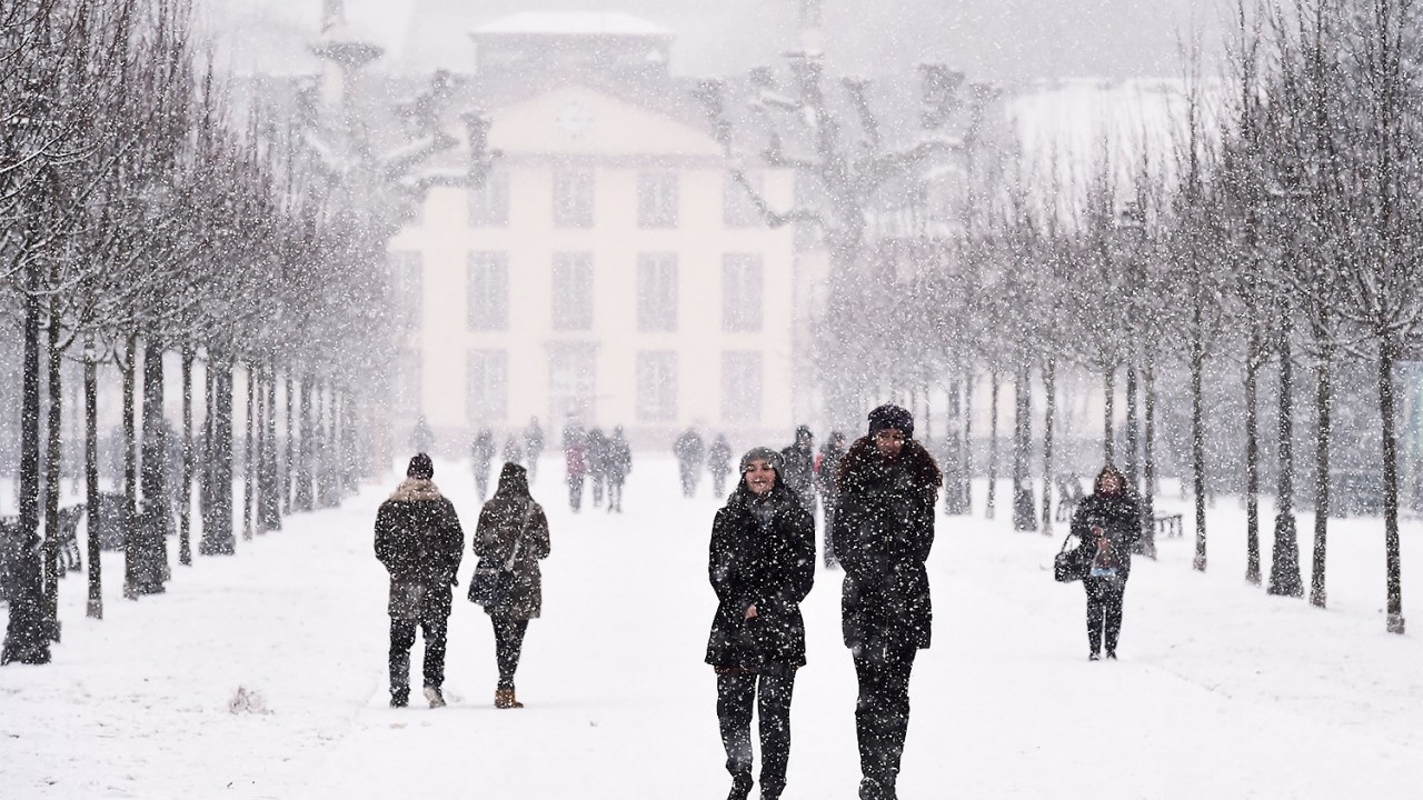 Pessoas caminham em um parque de Estrasburgo, no leste da França, após forte nevasca atingir a região - 08/01/2017