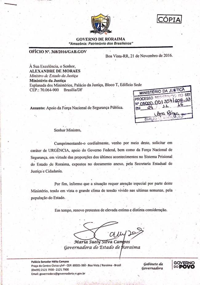 Suely Campos, governadora de Roraima, encaminha ofício ao Ministro da Justiça, Alexandre de Moraes