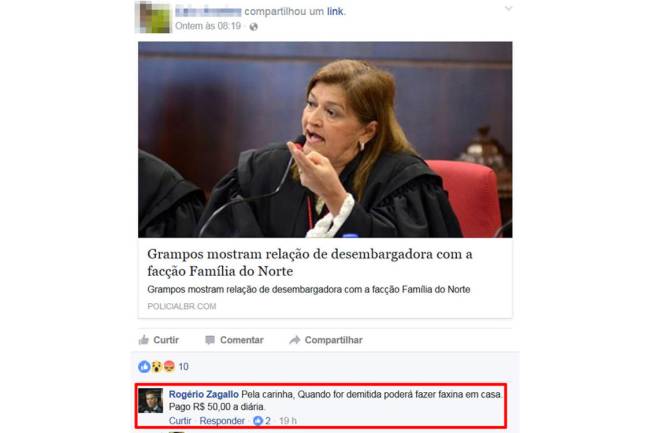 Comentário no Facebook do promotor Rogério Zagallo Comentário no Facebook do promotor Rogério Zagallo