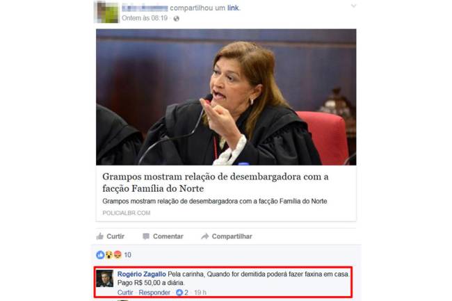 Comentário no Facebook do promotor Rogério Zagallo