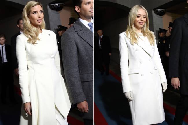 A esquerda, Ivanka Trump com um sobretudo a lá terninho. A direita, Tiffany também com sobretudo, somado a luvas brancas (Foto: Getty Images)