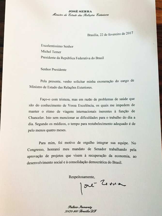 Carta de renúncia de José Serra Carta de renúncia de José Serra