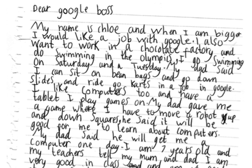 Menina de 7 anos manda carta pedindo emprego ao Google