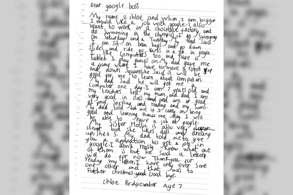 Menina de 7 anos manda carta pedindo emprego ao Google Menina de 7 anos manda carta pedindo emprego ao Google
