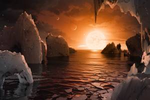 Concepção de artística de como seria a superfície do exoplaneta TRAPPIST-1f