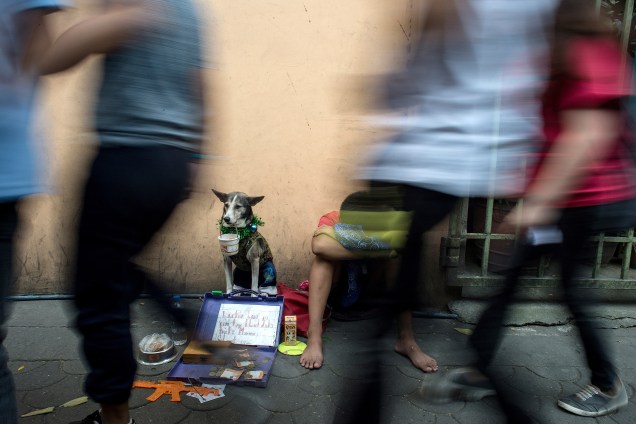 Menino pede esmola junto com seu cachorro em uma rua de Manila, capital das Filipinas - 16/02/2017