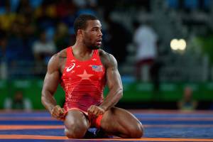 O lutador americano Jordan Ernest Burroughs, durante as Olimpíadas Rio 2016