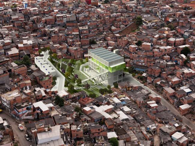 Vista aérea de Paraisópolis com o projeto do Grotão Fábrica de Música inserido digitalmente