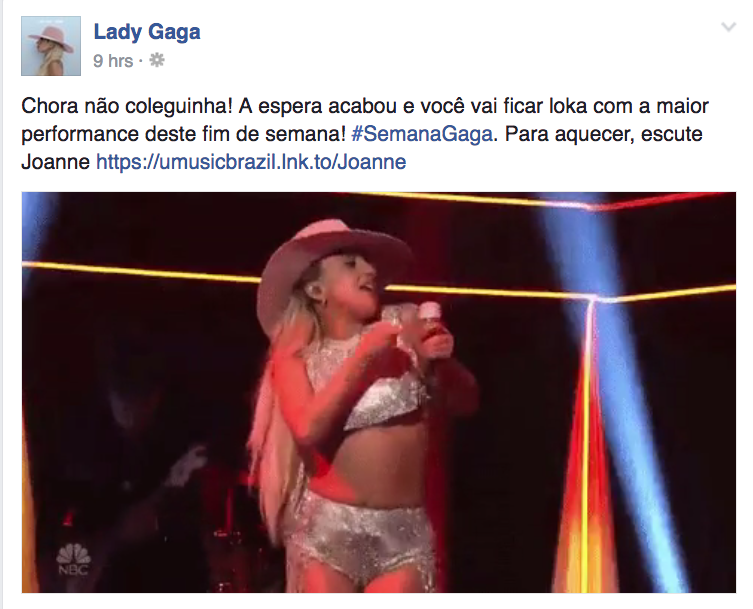 Postagem na página de Lady Gaga