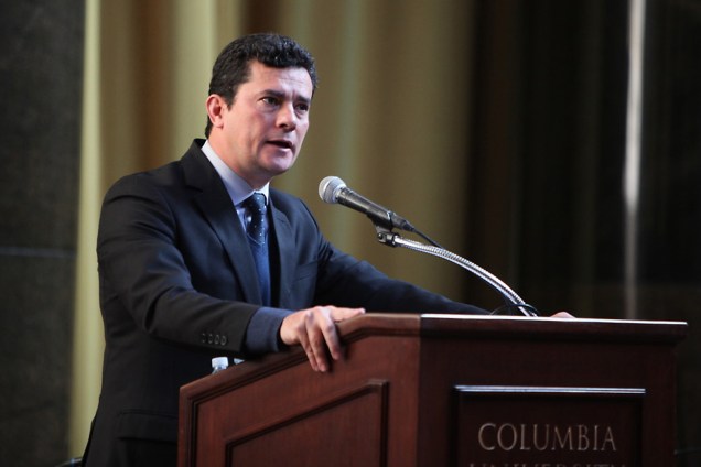 O juiz Sérgio Moro discursa durante evento na Universidade Columbia, em Nova York