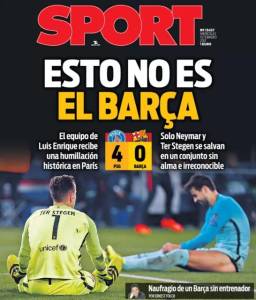 Jornal catalão Sport destacou a péssima atuação do Barcelona