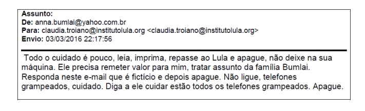 Aviso enviado a funcionários do Instituto Lula sobre grampo