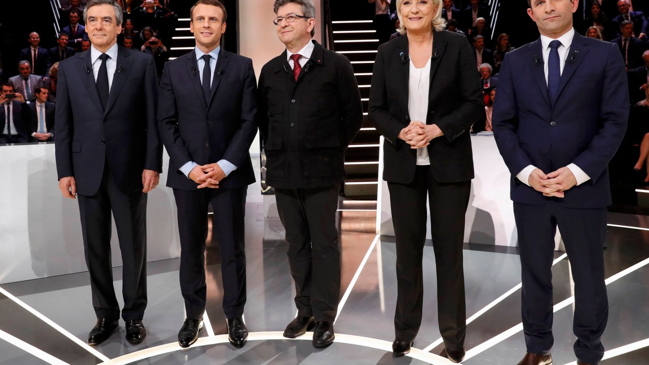 Eleição na França: primeiro debate com Francois Fillon, Emmanuel Macron, Jean-Luc Melenchon, Marine Le Pen e Benoit Hamon