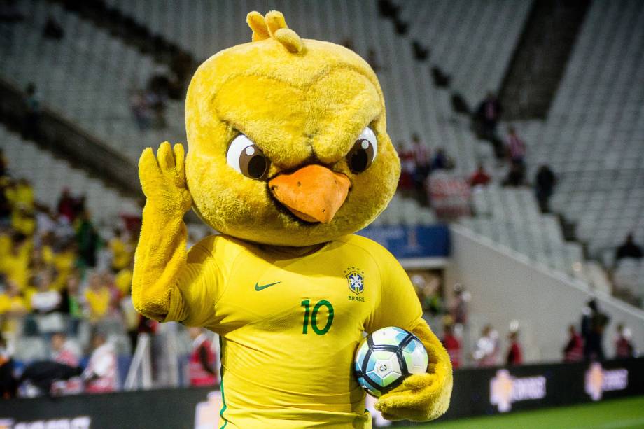 O canarinho invocado, mascote da seleção brasileira fez a alegria dos torcedores distribuindo bolas antes da partida contra o Paraguai