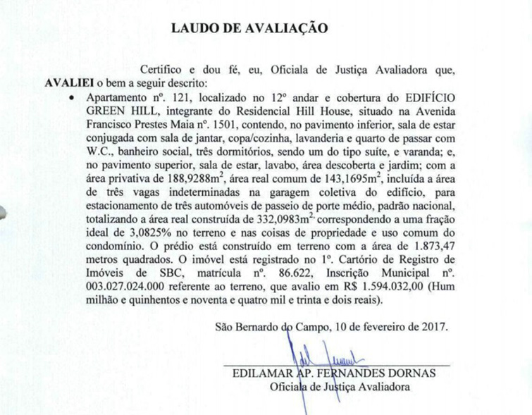 Laudo de avaliação de uma cobertura vizinha &agrave; do Lula em S&atilde;o Bernardo