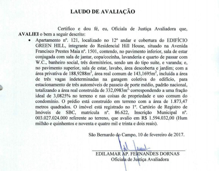 Laudo de avaliação de uma cobertura vizinha à do Lula em São Bernardo