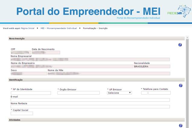 <span>Uma nova tela vai se abrir e você vai ter que preencher com diversas informações um formulário: do nome da empresa à sua ocupação principal. É o momento também de escolher qual atividade você exercer (aqui há uma </span><a href="https://www.portaldoempreendedor.gov.br/mei-microempreendedor-individual/atividades-permitidas" target="_blank" data-saferedirecturl="https://www.google.com/url?hl=pt-BR&q=https://www.portaldoempreendedor.gov.br/mei-microempreendedor-individual/atividades-permitidas&source=gmail&ust=1489010170663000&usg=AFQjCNFOvxKP4WMcq3hp9xx9FBhUA9vPuw"><span>lista com todas opções</span></a><span>)</span> <span>Uma nova tela vai se abrir e você vai ter que preencher com diversas informações um formulário: do nome da empresa à sua ocupação principal. É o momento também de escolher qual atividade você exercer (aqui há uma </span><a href="https://www.portaldoempreendedor.gov.br/mei-microempreendedor-individual/atividades-permitidas" target="_blank" data-saferedirecturl="https://www.google.com/url?hl=pt-BR&q=https://www.portaldoempreendedor.gov.br/mei-microempreendedor-individual/atividades-permitidas&source=gmail&ust=1489010170663000&usg=AFQjCNFOvxKP4WMcq3hp9xx9FBhUA9vPuw"><span>lista com todas opções</span></a><span>)</span>