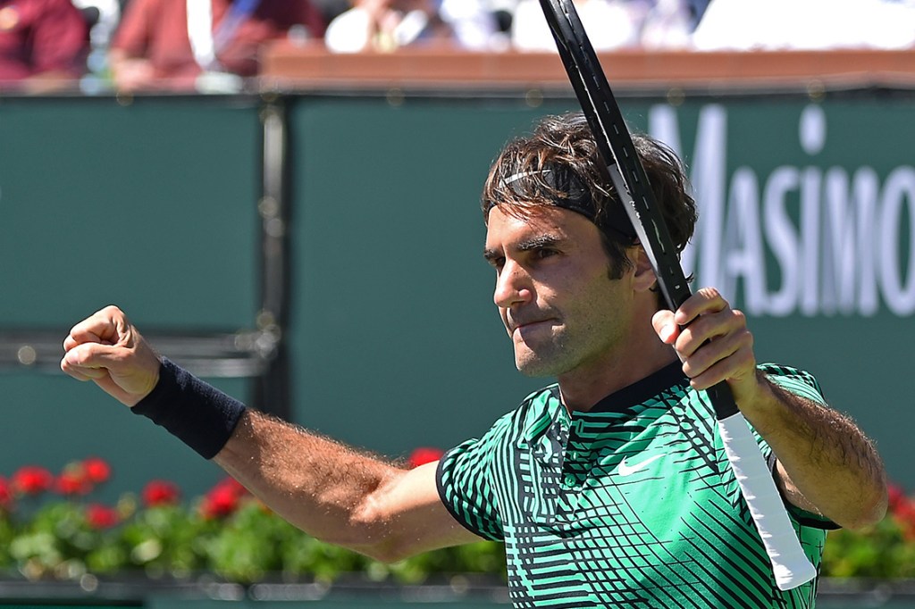 Mar 18, 2017; Indian Wells, CA, USA; Roger Federer (SUI) pumps his fists after defeating Jack Sock (not pictured) 6-1, 7-6 in his semi-final match in the BNP Paribas Open at the Indian Wells Tennis Garden. Mandatory Credit: Jayne Kamin-Oncea-USA TODAY Sports