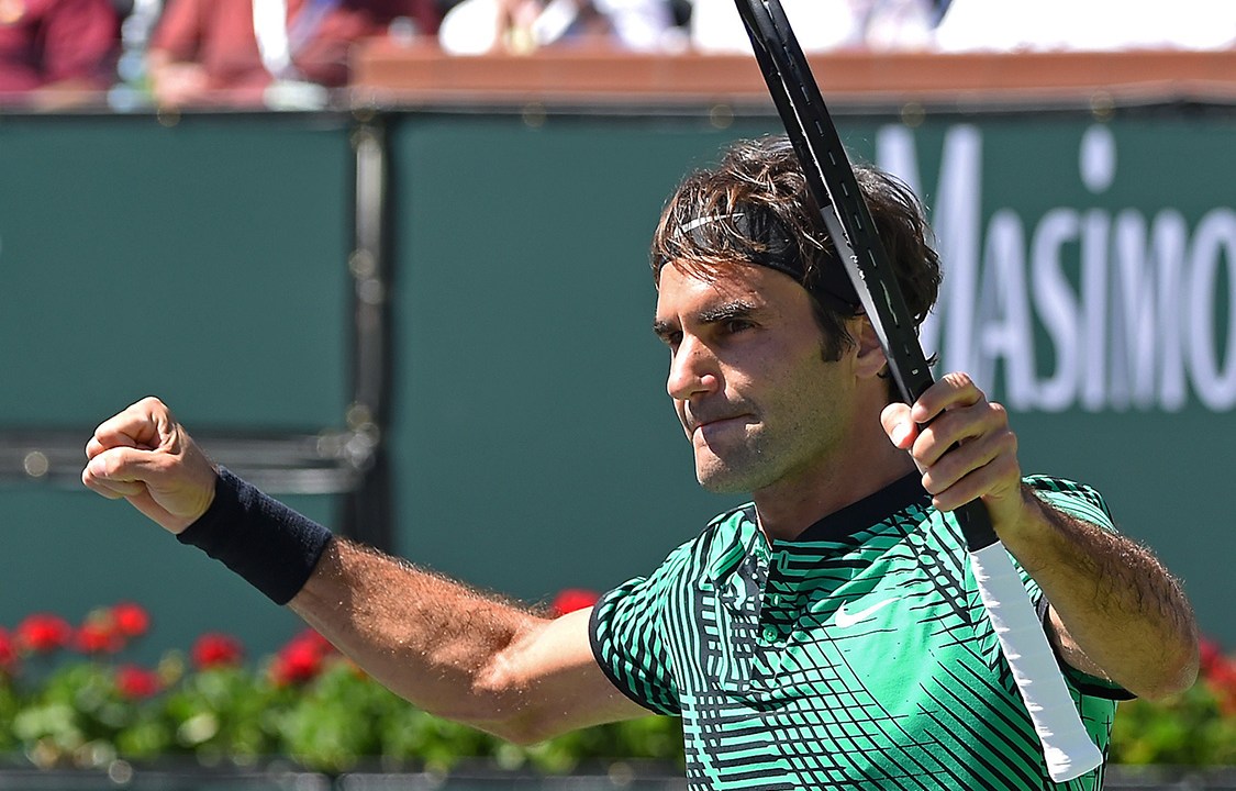 Mar 18, 2017; Indian Wells, CA, USA; Roger Federer (SUI) pumps his fists after defeating Jack Sock (not pictured) 6-1, 7-6 in his semi-final match in the BNP Paribas Open at the Indian Wells Tennis Garden. Mandatory Credit: Jayne Kamin-Oncea-USA TODAY Sports