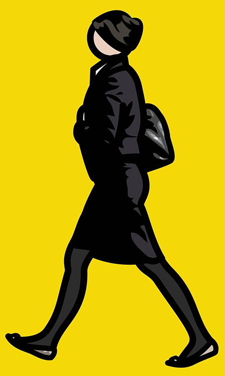 5. Julian Opie. Mulher em terno preto e calça com malas (Woman in black suit and tights with bag). 2012. Vinil. 217 X 133 CM