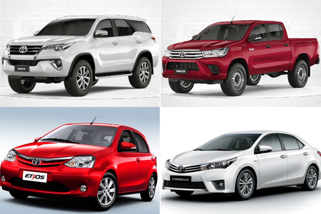 Carros da marca Toyota: SW4, Hilux, Etios e Corolla