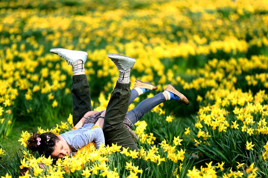 Mãe e filha brincam em um campo de Narcisos no Parque St. James, em Londres