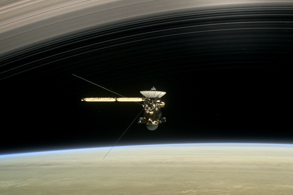 Ilustração da sonda Cassini chegando em Saturno