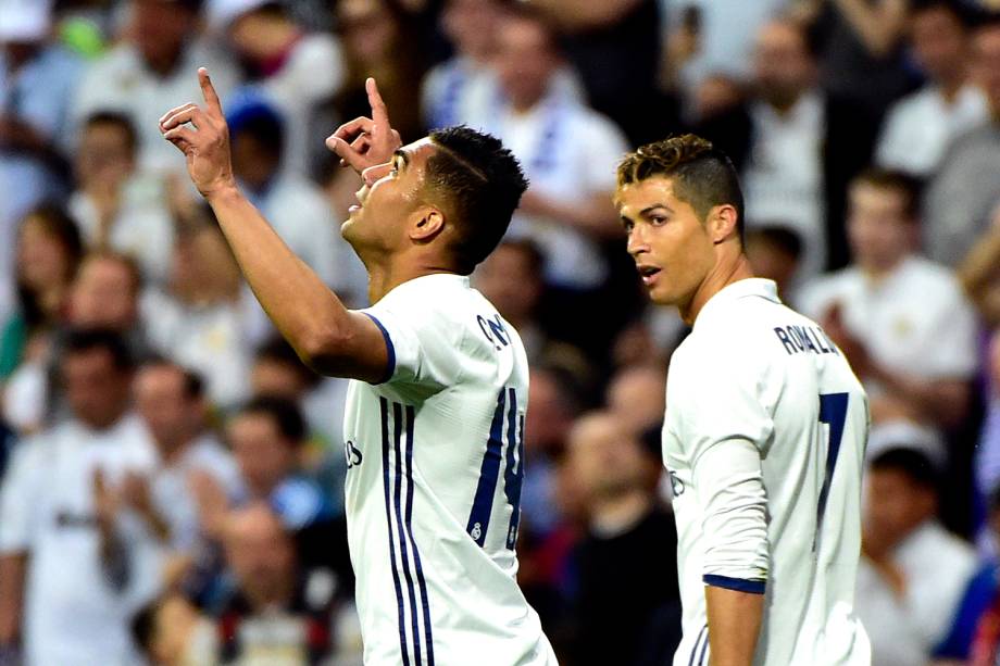 Casemiro, do Real Madri, celebra gol contra o Barcelona durante partida pela Liga Espanhola no estádio Santiago Bernabeu em Madri, Espanha - 23/04/2017