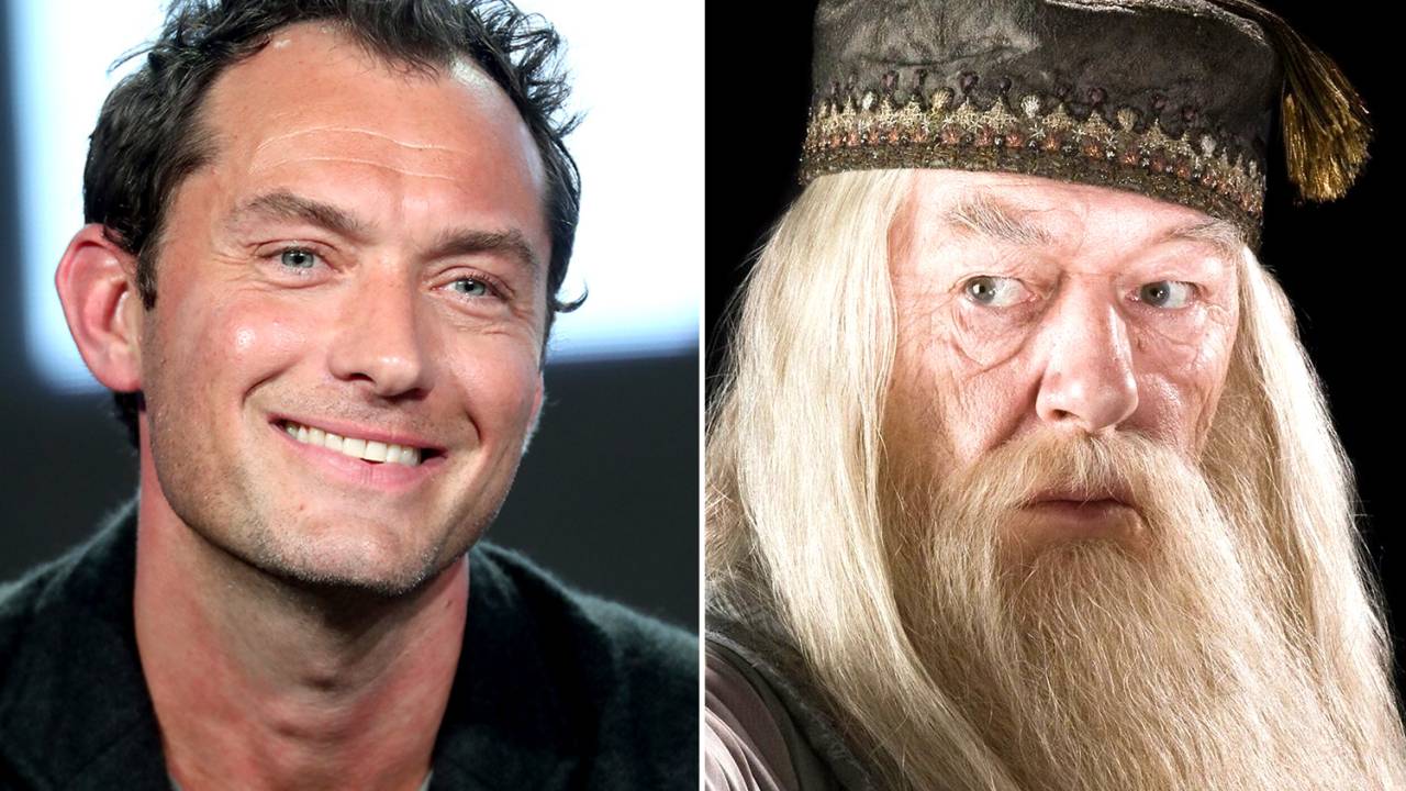 O ator Jude Law e o personagem Alvo Dumbledore, da saga de livros "Harry Potter"