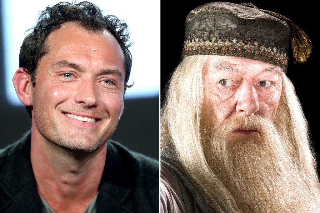 O ator Jude Law e o personagem Alvo Dumbledore, da saga de livros "Harry Potter"