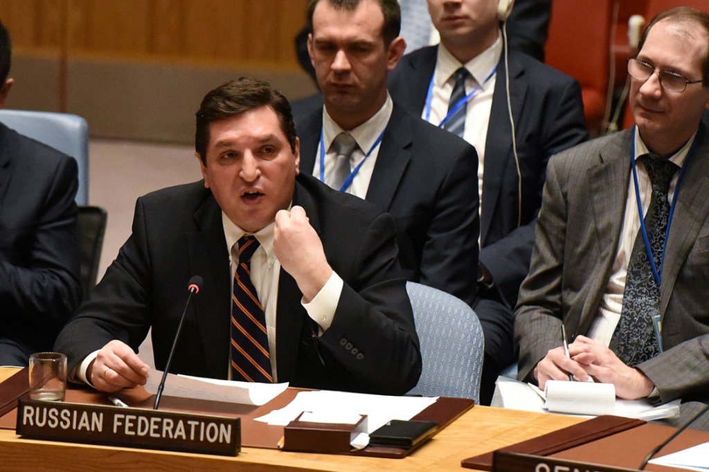 Embaixador russo Vladimir Safronkov, durante Conselho de Segurança da ONU em Nova York