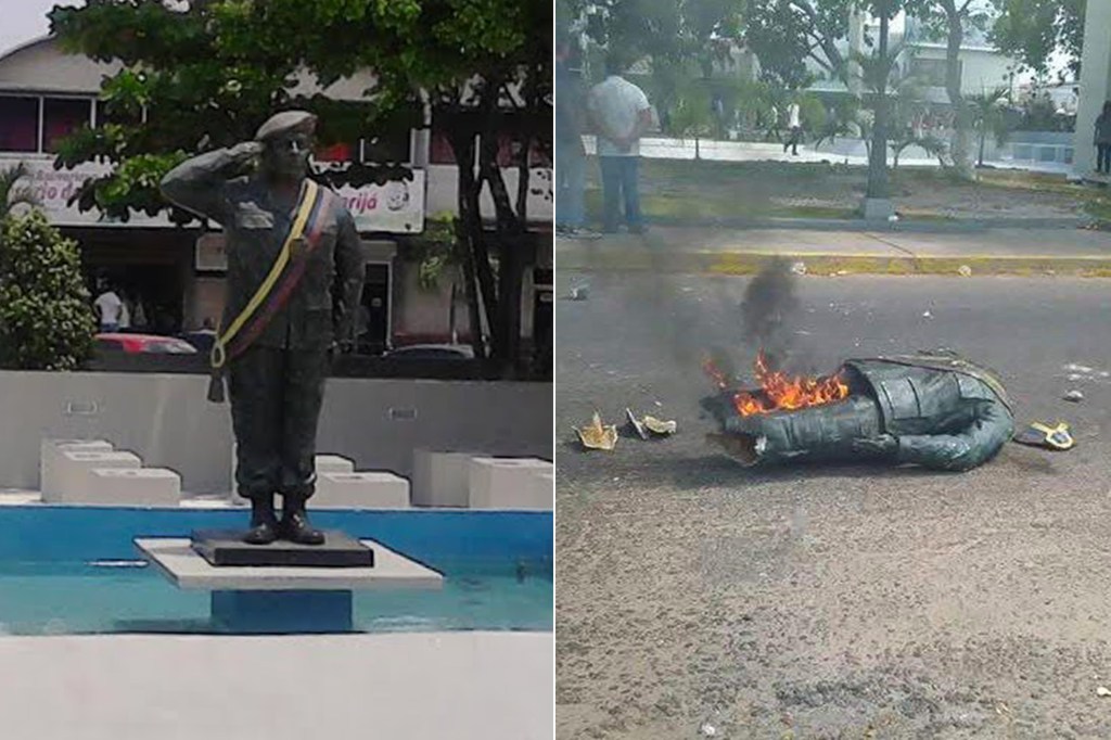 Estátua de Hugo Chávez é destruída na Venezuela