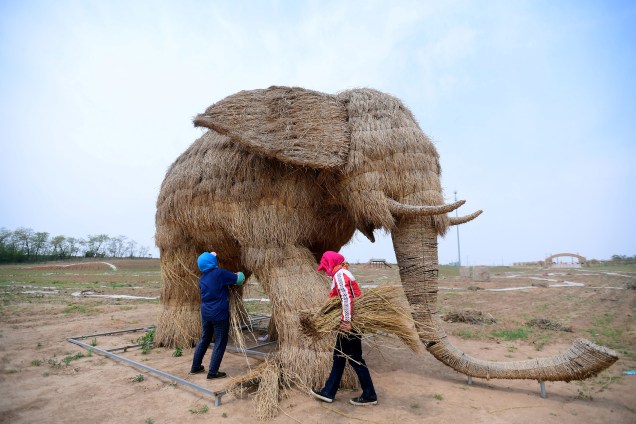 Agricultores criam uma escultura de palha em forma de um elefante no distrito de Hunnan, na província de Liaoning, na China - 31/05/2017