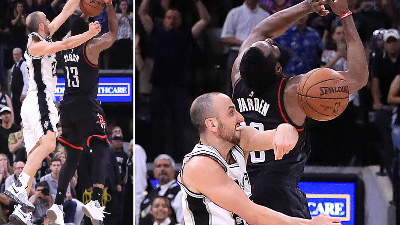 Manu Ginobili bloqueia arremesso de James Harden