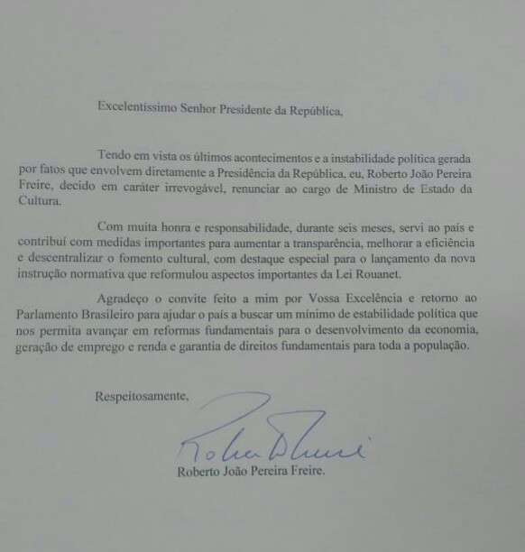 Carta de demissão de Roberto Freire do Ministério da Cultura